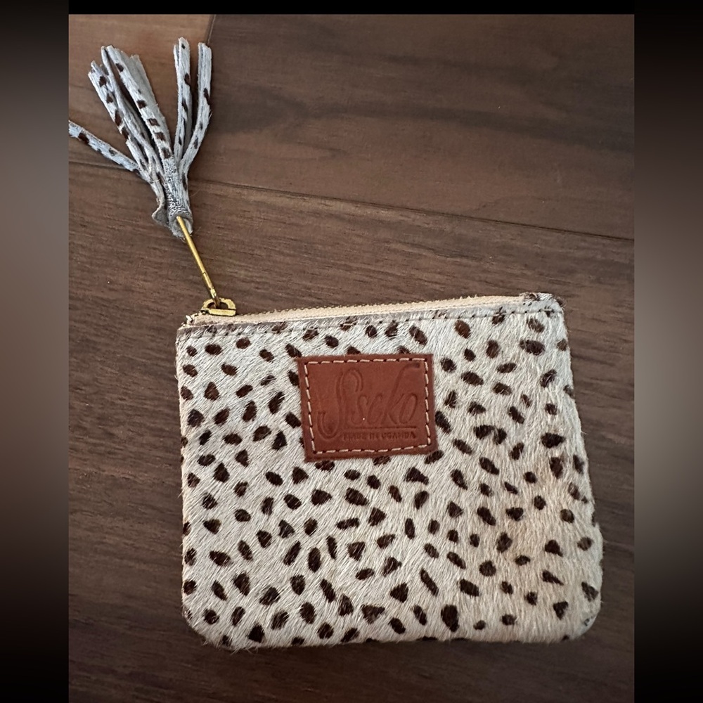 Sseko Designs Calf Hair Cheetah Print Coin Purse Tassel Zip Wallet